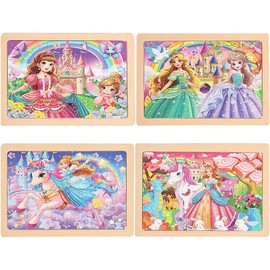 Wooden Puzzles Toys for Kids Ages 3-5, Set of 4 Packs with 24-Piece Unicorn Mermaid Princess Wood Jigsaw Puzzles, Preschool Educational Brain Teaser T
