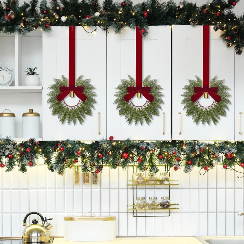 8 Pcs 9.8" Small Christmas Cabinets Wreaths Mini Wreaths for