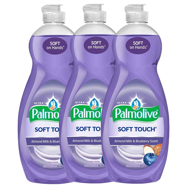 Palmolive Ultra Soft Touch Almond Milk & Blueberry Liquid Dish Soap | Soft Touch on Hands | Tough-on-Grease | Concentrated Formula - 32.5 Ounce Each Bottle (Pack of 3)