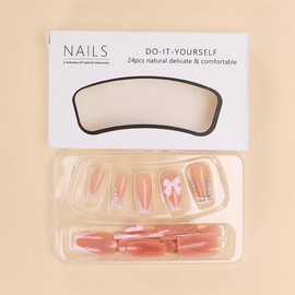 Short Square Press on Nails French Tip Fake Nails with Glitter Rhinestone Flowers Design Cute Bow Stick on Nails Nude Pink False Nails Reusable Acrylic Glue on Nails for Women Girls 24Pcs