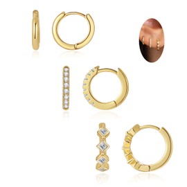 3 Pairs Stud Earrings for Women 14k Gold Stud Earrings Set Dainty Small Huggie Hoop Earrings Cartilage Earring Gold Hoop Earrings for Women Earring Sets for Multiple Piercing Hypoallergenic CZ Earrings Jewelry Gift (C)