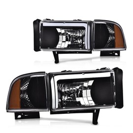ANDPLAY LED DRL Headlights Assembly, Front Headlamp Compatible with Dodge Ram 1500 2500 3500 1994 1995 1996 1997 1998 1999 2000 2001 2002 Clear lens Black Housing Amber Reflector 55076749AD 55076748AD