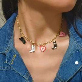 Aktully Western Cowboy Boots Necklace for Women Charm Cowgirl Hat Necklace 14K Gold Plated Cowboy Hat Pendant Necklace Western Jewelry Gift for Women, Zinc, No Gemstone