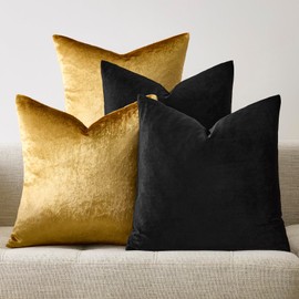 GIGIZAZA Set of 4 Velvet Cushion Covers 40x40CM Black Gold Throw Pillow Covers Decorative Luxury Pillows Square Pillowcases Soft Cushions Covers for Living Room