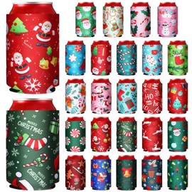 Pickmesh 24 Pcs Christmas Can Coolers Sleeves 12 oz Can Sleeves Xmas Holiday Can Sleeves Coolers Neoprene Beer Can Covers for Christmas Holiday Party Decorations Supplies Favors