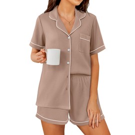 Ekouaer Womens Waffle Knit Pajama Sets Soft Short Sleeve Button Down Sleepwear Cozy 2 Piece Pjs Shorts Set,Medium,Khaki