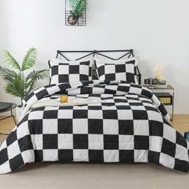 Caressma Black White Comforter Set Full Size, 3 Pieces Buffalo Plaid Comforter Bedding Set, Checkered Grid Fluffy Home Decor for All Seasons