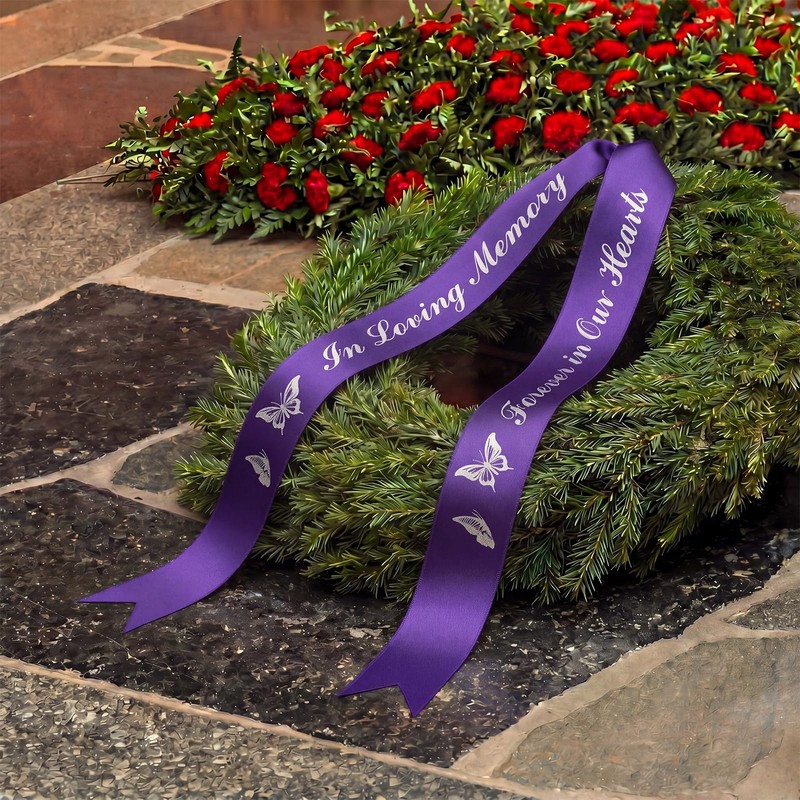 2 Pcs 63x3.8'' Memorial Funeral Sash with Pin, White,Purple, Delicate