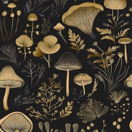 Fvlow Boho Wallpaper Mushroom Peel and Stick Gold Floral Contact Paper 17.4" x 118" Vinyl Self Adhesive Vintage Mushrooms Wall Mural Black Golden Wall Paper for Modern Room Countertop Drawer Decor