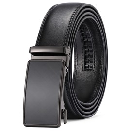 SENDEFN Men's Leather Belt Automatic Ratchet Buckle Slide Belt for Dress Casual Trim to Fit with Gift Box(B-black-22, 42'' to 52'' Waist Adjustable)