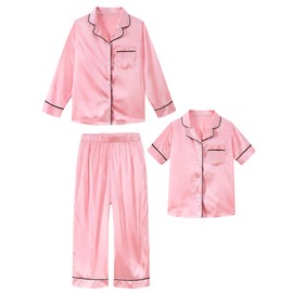 ALISISTER Girls Silk Pyjamas Kids Button-Down Pjs Sets Three-Piece Long Pyjamas Satin Sleepwear Pink 5-6 Years