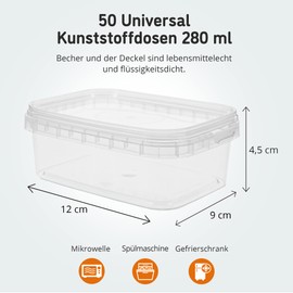 Marzoon 50 Plastic Jars Set with Lid, Small, Square, 280 ml, Robust Plastic Jars, Transparent, Delicatessen Cups, Industry Standard