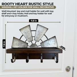 Rooty Heart Windmill Key Holder for Wall Decorative Wall Mounted Key and Mail Holder for Wall with Key Shelf, 4 Key Hooks Key Holder for Wall for Entryway, Mudroom Keys Holder on Wall
