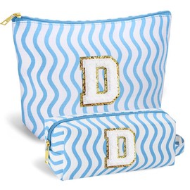 SEFORICO Initial Makeup Bag- Cosmetic Bag Cute Teen Girl Gifts Make Up Case Large Capacity Makeup Bag Travel Bag Gift for Women Valentines Day Bridesmaid Friend Birthday Gifts(Blue D)