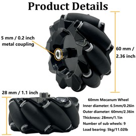 Mecanum Wheel for Robot Car Chassis, 60mm Omni-Directional Wheel Smart Robot Car DIY Mecanum Robotics Components, 4Pcs Omni Wheels with 4Pcs Metal 5mm Coupling Motor Connector for AGV Smart Robot