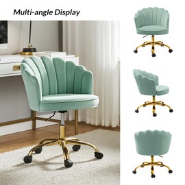 TINA'S HOME Velvet Home Office Desk Chair, Modern Upholstered Swivel Computer Task Chair with Shell Back & Gold Base, Height Adjustable Cute Vanity Chair for Women Girls, Sage