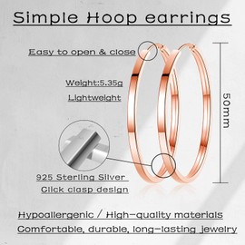 Kamise Earrings 925 Sterling Silver Hoop Earrings for Women, Hypoallergenic Large Earrings Lightweight Hoop Earrings in 40/50/60 mm Diameter, Folding Hoop Earrings Round Circle Earrings, 3 Pairs