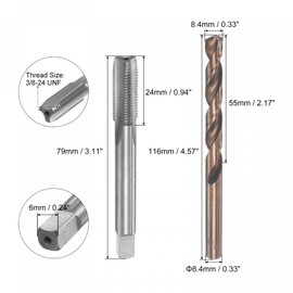 sourcing map 3/8-24 UNF Straight Flute Thread Tap and 8.4mm Twist Drill Bit Set, M35 Cobalt High Speed Steel Machine Threading Tap Drilling Tool for Stainless Steel