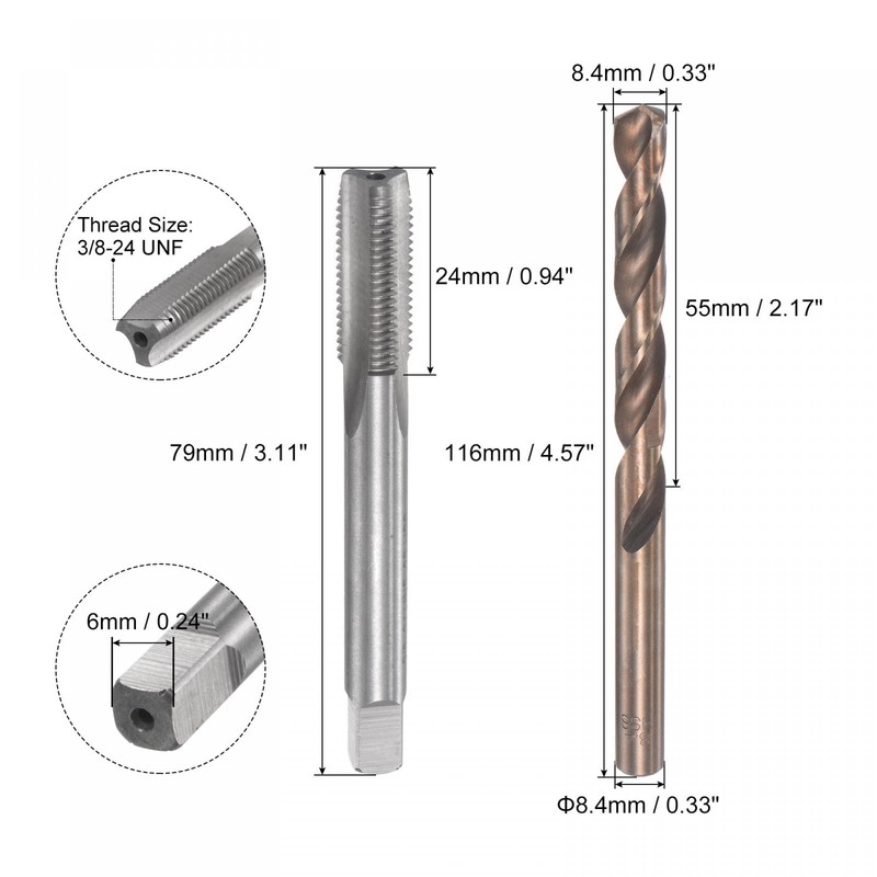 sourcing map 3/8-24 UNF Straight Flute Thread Tap and 8.4mm