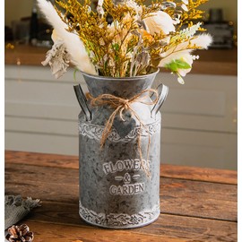 Vintage Galvanized Metal Flower Jug, Farmhouse Decorative Flower & Garden Pitcher Vase, Rustic Milk Can Jug Vase for Flowers,10.6'' H