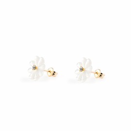 Women's and Children's Mother of Pearl Flower Stud Earrings 9 Carat (375) Yellow Gold Gift Box, Yellow Gold, Nacre
