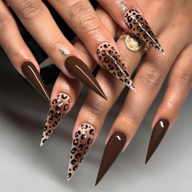 Long Stiletto Press on Nails Leopard Fake Nails with Gradient Leopard Print Designs 24 Pcs Natural Reusable Brown Acrylic Nail Full Cover Stick on Nail for Women No Glue Press ons WYFHDT