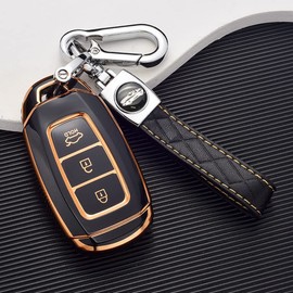 ontto Car Key fob Cover Fit for Hyundai i30 Ix35 Kona Encino Solaris Azera Grandeur Ig Accent Santa Fe 2018 2019 3 Buttons Soft TPU Smart Key case Key Shell Key Holder Keychain Accessories Black