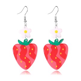 Red Strawberry Earring for Women Cute 3D Acrylic Fruit Resin Simulation Strawberry Earrings Cute Red Fruit Strawberry Acrylic Earrings for Party Vacation (S Flower Strawberry)