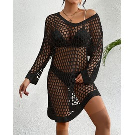 Bsubseach Crochet Swimsuit Coverup for Women Long Sleeve Beach Dress Coverups Sheer Knit Beachwear Vacation Outfits Black XL