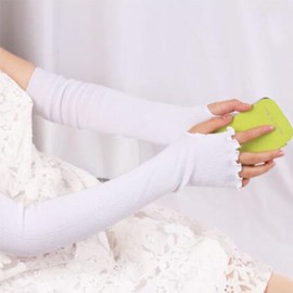 1 Pair White Wave Edge Style Long Arm Warmers Winter Thumbhole Stretch Arm Sleeves Fingerless Over Elbow Gloves for Women Ladies