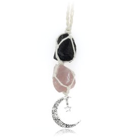 BOHO GARDEN Crystal Hanging Car Charm - Rear View Mirror Hanging Car Accessories for Women, Moon Decor Hanging Ornament, Witchy Gifts and Healing Stones - Black Tourmaline & Rose Quartz