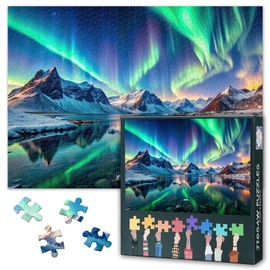 Northern Lights Puzzle 1000 Pieces - Magic Aurora Lights Over Snowy Mountains, 50 x 70 cm Winter Landscape, Sophisticated Nature Motif