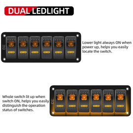 FXC Rocker Switch Aluminum Panel 6 Gang Toggle Switches Dash 5 Pin ON/Off 2 LED Backlit for Boat Car Marine Orange