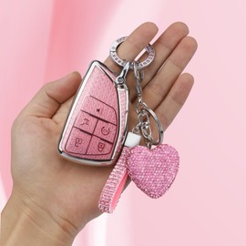 Meruns Compatiable with 2022 2023 2024 Chevy Silverado 1500 GMC Sierra 1500 key fob cover with Diamond Bling Keychain, Car Accessories Keys Shell TPU 2500HD 3500HD,Silver Pink