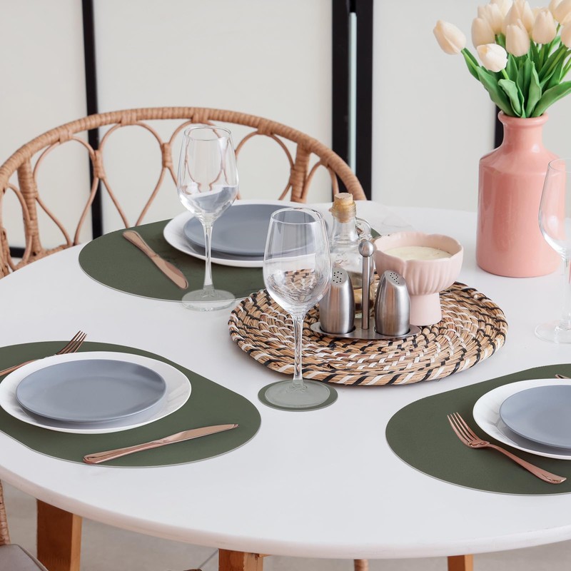 comfoyar Faux Leather Oval Placemats with Coasters Set of 6,