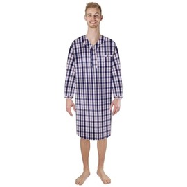 Men's Woven Nightshirt Gown Long Sleeve V-neck Cotton/Poly Front Snaps Nightwear Comfortable Pajama sleepwear - Blue Red | Medium