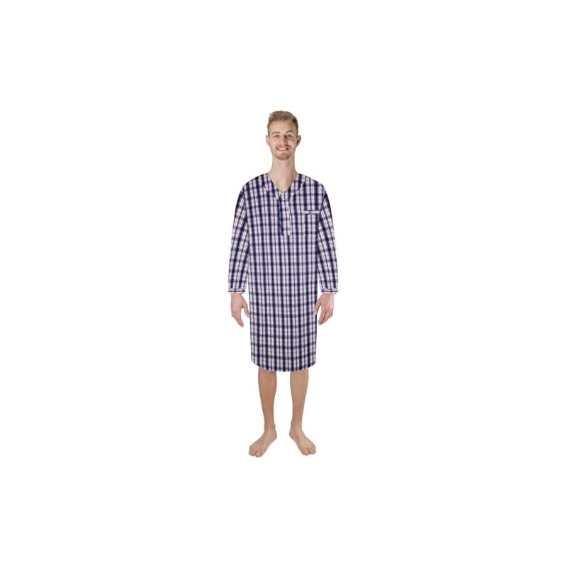 Men's Woven Nightshirt Gown Long Sleeve V-neck Cotton/Poly Front Snaps
