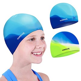 Vorshape Swim Cap Kids (2 Pack), Durable Waterproof Swimming Cap for Girls Boys Teens Toddler, Comfortable Fit for Long Hair and Short Hair, Green&Blue