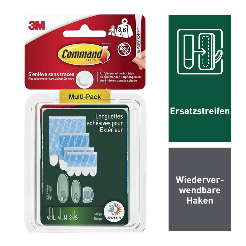 Command Multipack Transparent Strips for Outdoor Use, 8 Small (S),