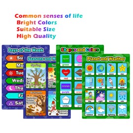 Bememo 4 Pieces Educational Learning Posters, Days of The Week, Shapes and Colors, Seasons and Months, Planet and Weather Charts for Toddlers and Kids