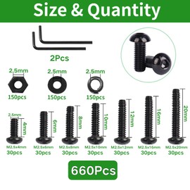 Zmbroll M2.5 Button Head Screw Bolts and Nuts and Washers 660Pcs M2.5x4/6/8/10/12/16/20mm Hex Socket Cap Machine Screws Black Carbon Steel Screws Assortment Kit