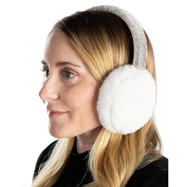 Funky Junque Sherpa Ear Muffs for Women Warm Faux Fur Adjustable Headband Earmuffs Cozy Winter Ear Warmers - Rhinestone - Ivory