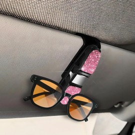 deemars 2 Pack Glasses Holders for Car Sun Visor, Bling Crystal Rhinestones Sunglasses Mount with Ticket Card Clip, Clip 360 Degree Rotational Sunglass Holder for Car, Universal for All Cars (Pink)