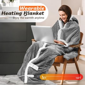 Vikua Wearable Heating Blanket with Foot Pocket, Hat and Sleeves, Portable Heating Blanket with 6 Heat Settings and 2 Modes, Washable, 1-10 Hour Time Settings, Gift for Friends and Family, 50 * 70"