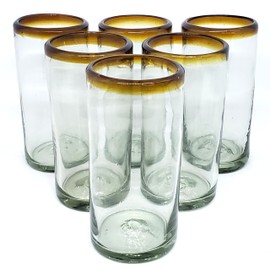 MexHandcraft Amber Rim 20 oz Tall Iced Tea Glasses (set of 6) Mexican Handmade Glassware, Recycled Glass, Lead-free, Toxin-Free (Tall Iced Tea)