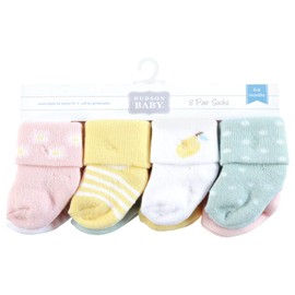Hudson Baby Baby Infant Girl Cotton Rich Newborn and Terry Socks, Lemon Daisy, 0-6 Months, Pink