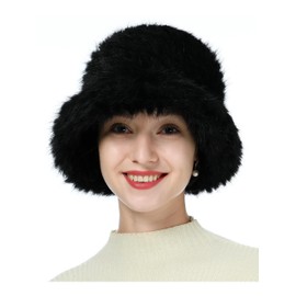 sy soul young Women's Winter Faux Fur Plush Bucket Hat Winter Hat Fishing Hats Cloche Hat Fur Warm Fisherman Cap, black