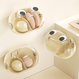 BVGDGSD 1 PC Wall-Mounted Oval Organizer with Eyes and Lid, with 2 Compartments Holder for 4 Makeup Sponges, Bobby Pins, Hair Accessories and Other Small and Light Items(Cream-whiter)