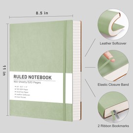 RETTACY Journaling Notebooks, A4 Lined Notebook Journal with 320 Pages, 8.5" × 11", Large Size, Notebook Journal for Work, School, Writing, Leather Softcover, 100 GSM Thick Paper (Light Green)