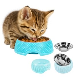 SEAFON 2 Platos para Perro o Gato de Acero Inoxidable, Set de 2 Piezas de Cuencos para Mascotas, Apilables y Antideslizantes, Fáciles de Lavar, para Gatos, Perros pequeños y Cachorros (Azul)